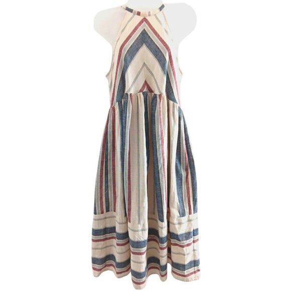 EUC Urban Outfitter LOVE+Harmony Stripe Woven Linen Blend Halter Neck Midi Dress - Picture 5 of 12